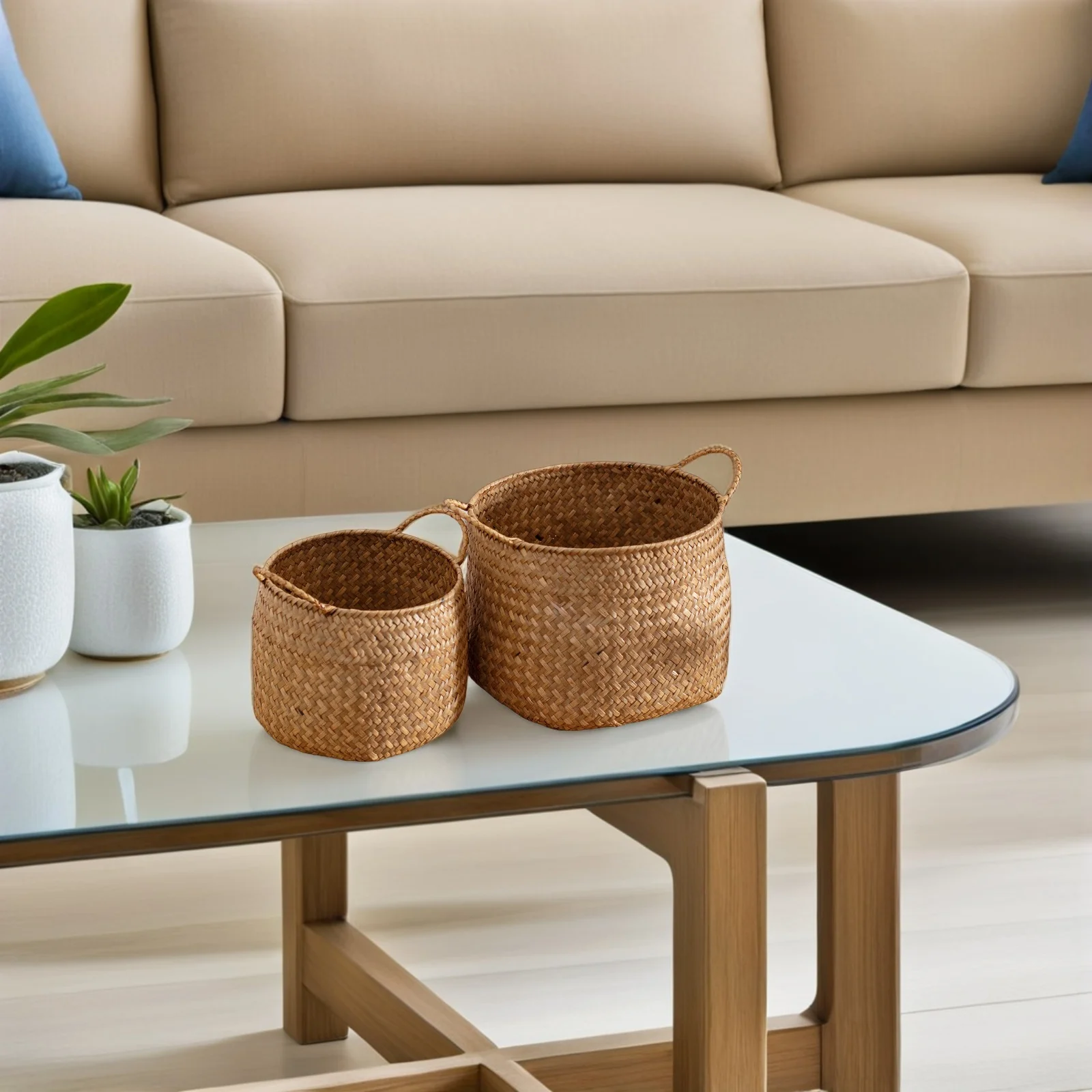 

2pcs Woven Storage Belly Baskets With Handles Natural Handwoven Baskets For Plant Storage Indoor Laundry Organizer Containers