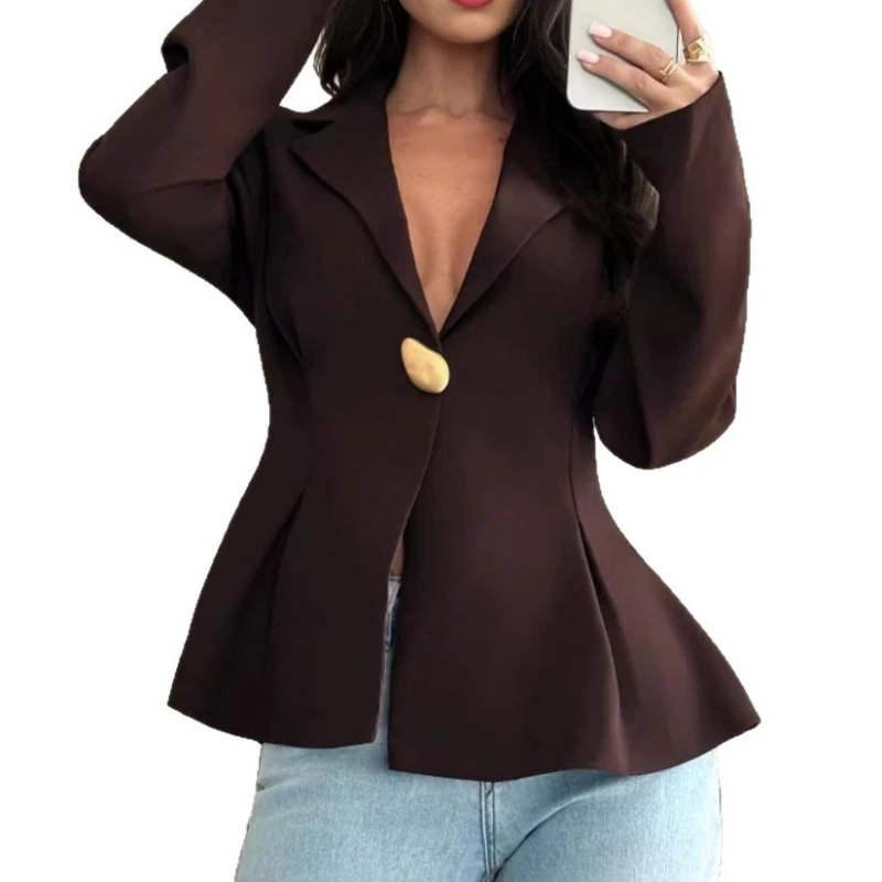 Veste de costume pour femme, nouvelle mode printemps 2026, couleur unie, personnalité, col en V, coupe ajustée, un bouton