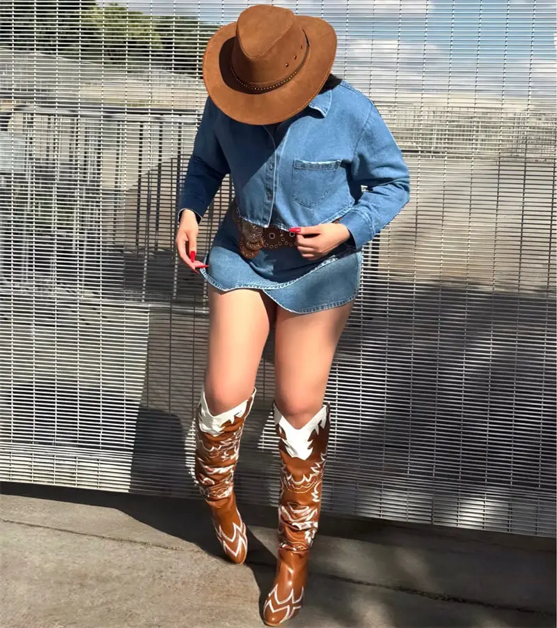 Onlymaker Woman Knee High Boots Western Cowboy Boots Wide Calf Embroidered Women Pointed Toe Block Heel Pull-On Cowgirl Boots
