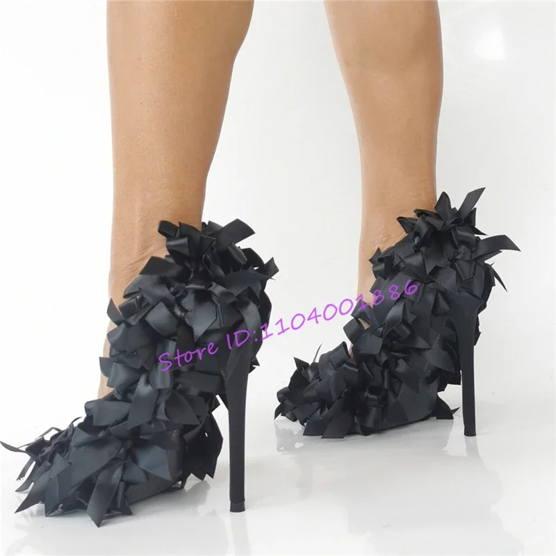 รองเท้าส้นสูงติดโบว์สีดำหัวแหลมทำจากผ้าซาตินสำหรับผู้หญิงรองเท้าส้นสูงบางใส่ไปปาร์ตี้งานแต่งรองเท้าชุดเดรสไซส์ใหญ่