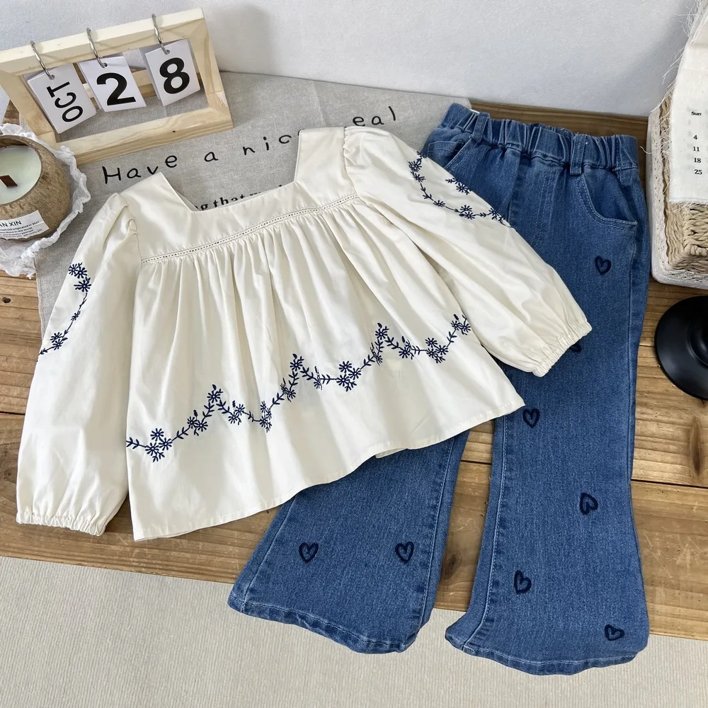 

2025 Autumn New Korean Girls Floral Embroidered Puff Sleeve Top Cute Peter Pan Collar Shirt Spring Daily Clothes Heart Pants