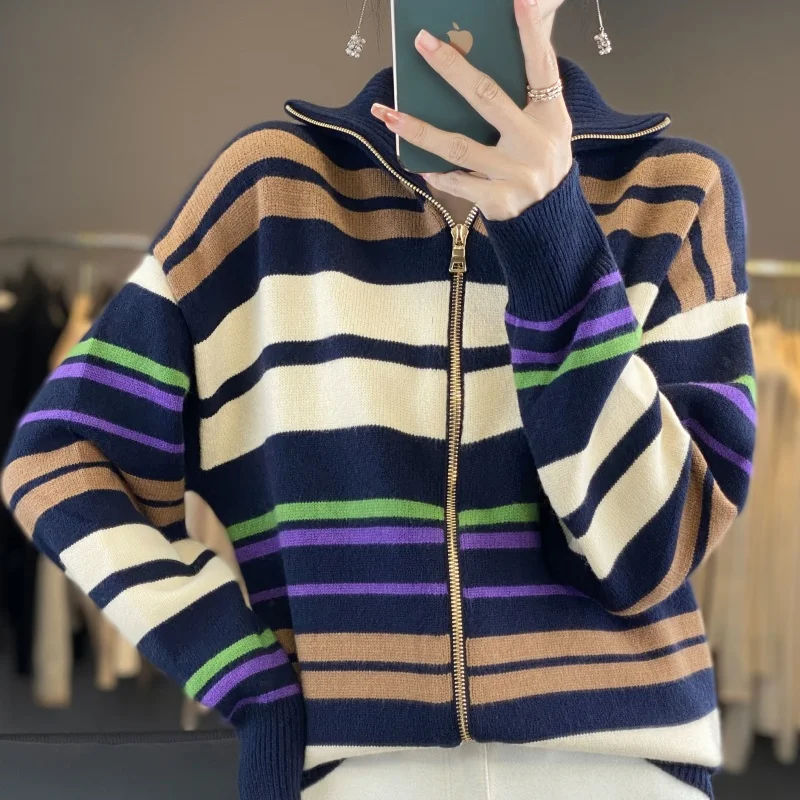 New Women 100% Merino Wool Sweater Double Zipper Turtleneck Cardigan Cashmere Clothing Knitted  Stripe Matching Tops Soft Jacket