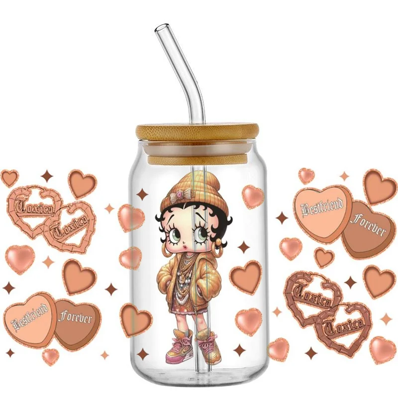 Miniso Cartoon Betty girl 16 OZ UV DTF Cup Wrap Transfer Stickers Waterproo 3D UV Decals For 16 OZ Libby Can