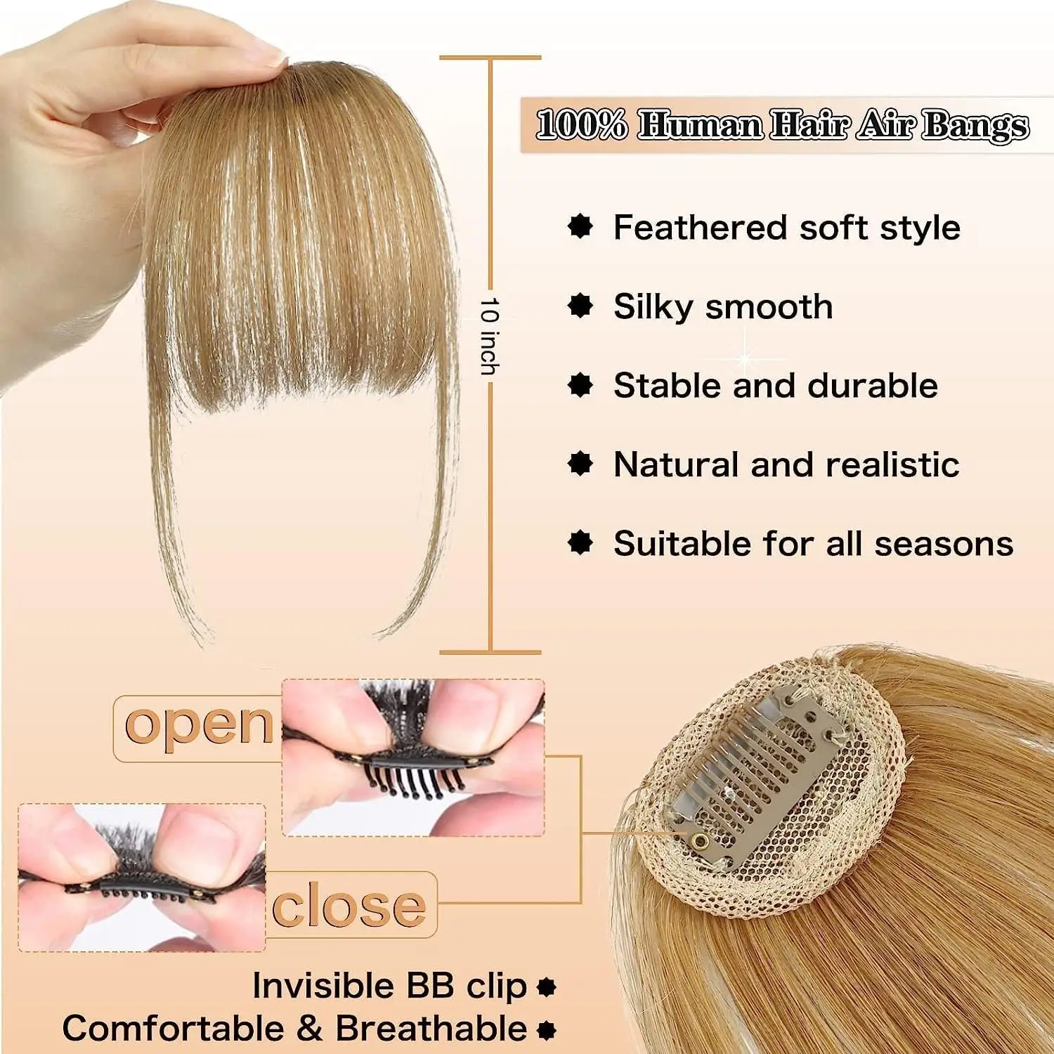 100% Real Human Wipsy Bangs Clip in Hair Extensions Fake Air Bangs 360° Cover Clip on Curved Hairpieces for Women Daily Wear