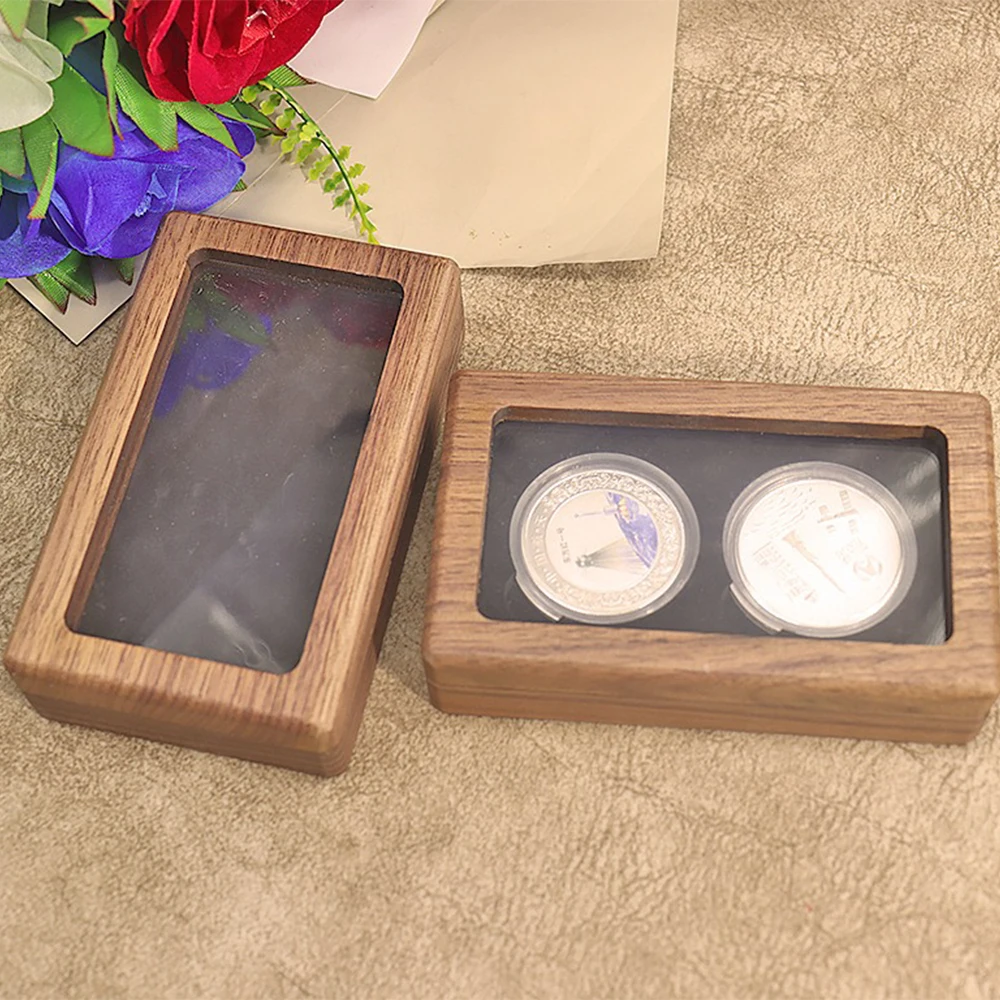 Rectangle Double Currency Commemorate Gift Box Desktop Dustproof Badge Storage Box Flip Cover Solid Wood Coin Packaging Box
