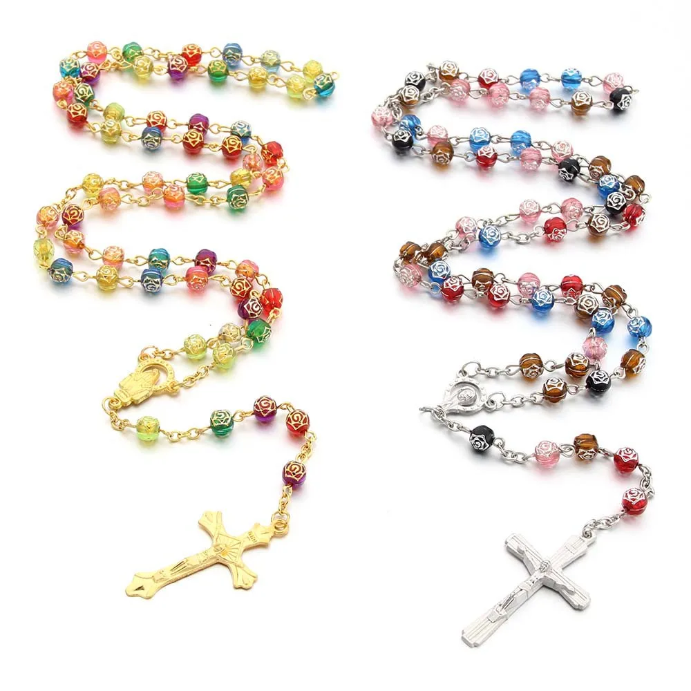 6MM Acrylic Rosary Necklaces For Women Men Rose Beads Long Chain Crucifix Cross Pendant Religious Prayer Jewelry