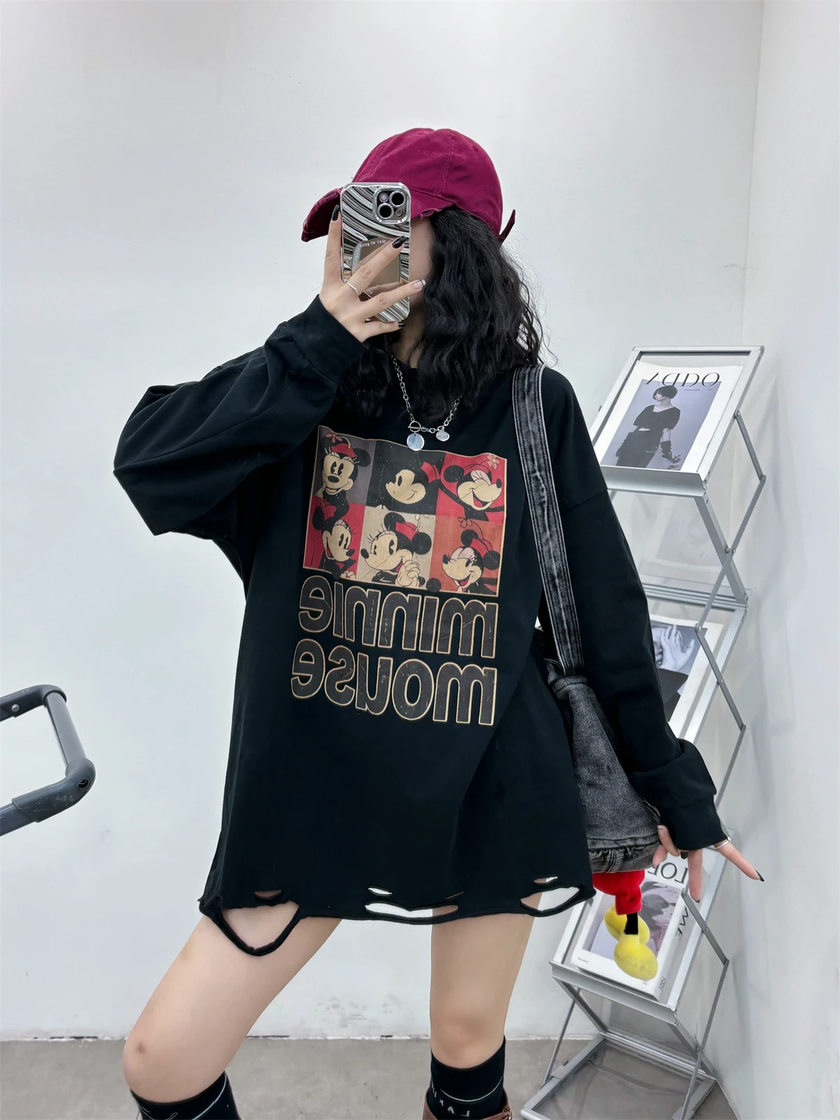 Tide Brand Korean Version Printed Cartoon Hole T-shirt Women Fashion Autumn Mid Length Bottoming Shirt Round Neck Casual Top