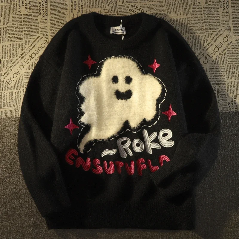 

Pullover Knitted Sweater Thick Warm Women's Loose Casual Fashion American Retro Fun Ghost Embroidery Couple Coat Keep Emit Heat