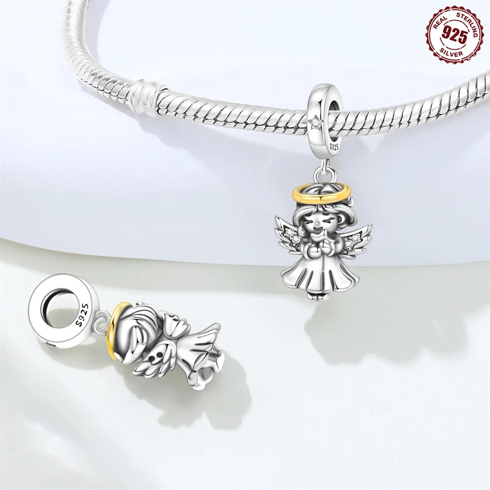 S925 Sterling Silver Guardian Angel Charm Two-tone Gold Halo Praying Angel Pendant Fit Bracelets Protection Jewelry Gift