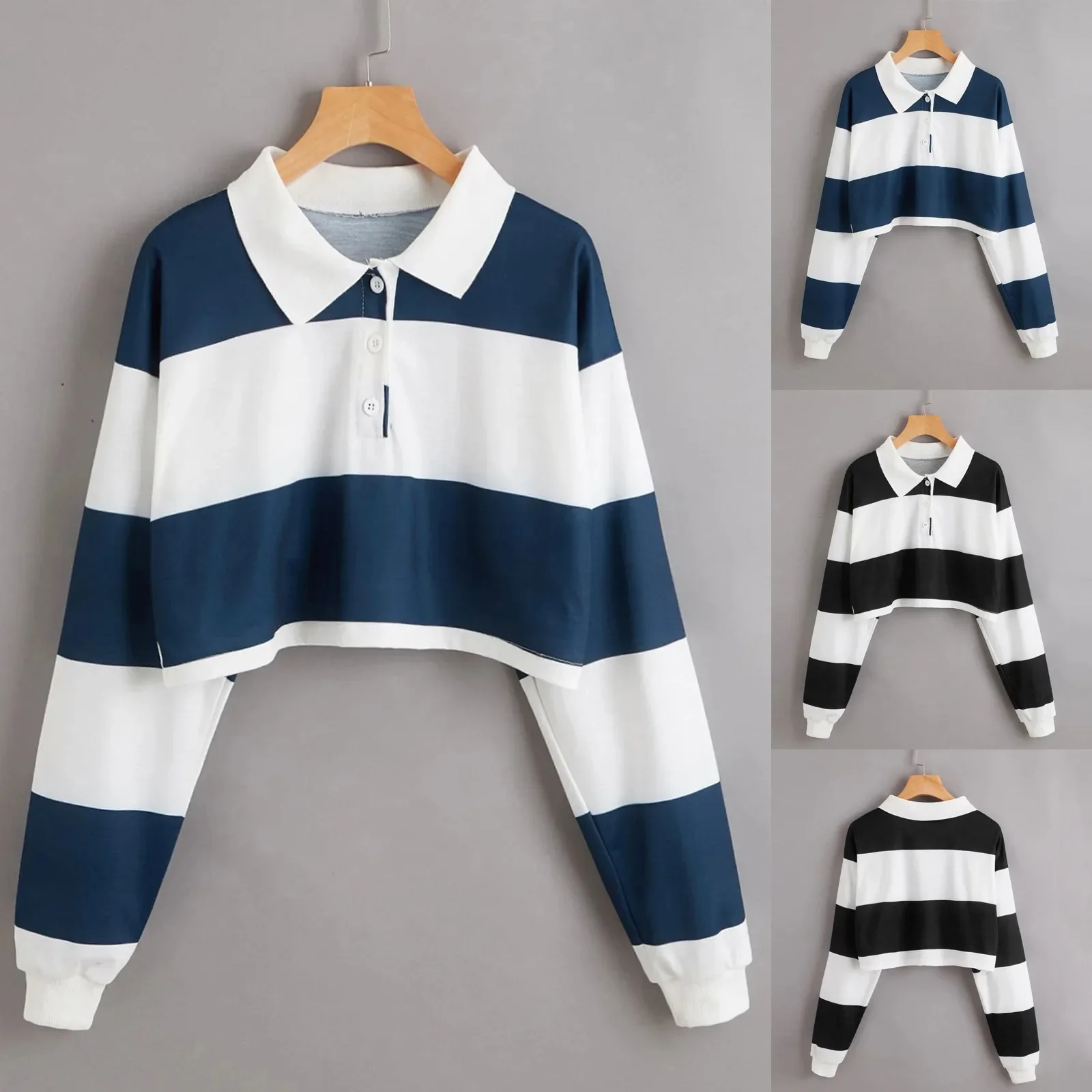 Striped Polo Collar Long Sleeve T-Shirt Women's Casual Cropped Top European and American Style Clothing One Piece Agent