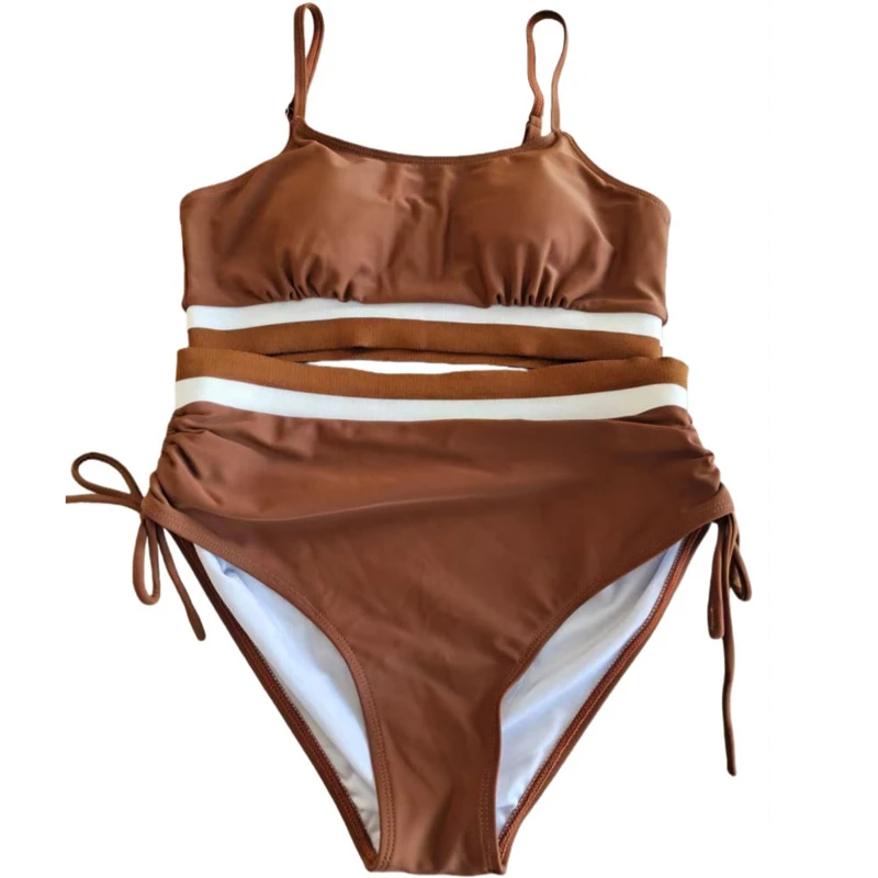 2026 Women's Striped Sportswear Two-Piece High-Waisted Bionic Tankini with Cinch Belt and Anti-Roll Design
