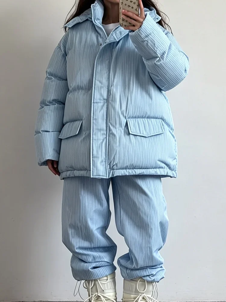 Cotton Padded Jacket Hooded Long Sleeve Zipper Striped High Stand Collar Pockets Winter Casual Outdoor Thick Warm Jacket 2026