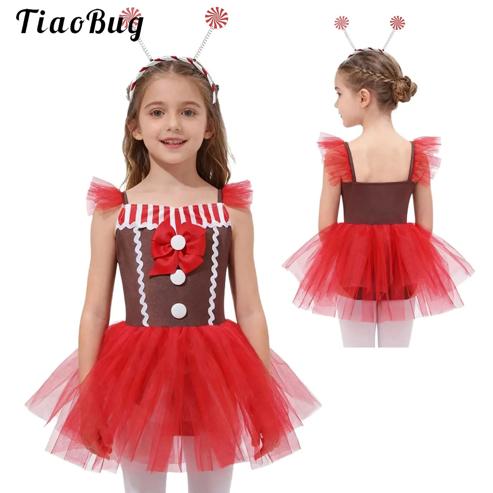 Fancy Gingerbread Man Costume Girls Cookie Cosplay Xmas Christmas Dance Dress Striped Mesh Tutu Figure Skating Leotard Dancewear