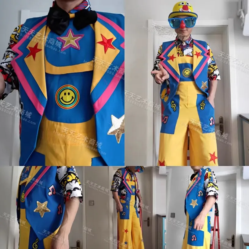 Blue and yellow stilt walker long pant clown costume party performance anime festival Outfit Celebrate Clothes