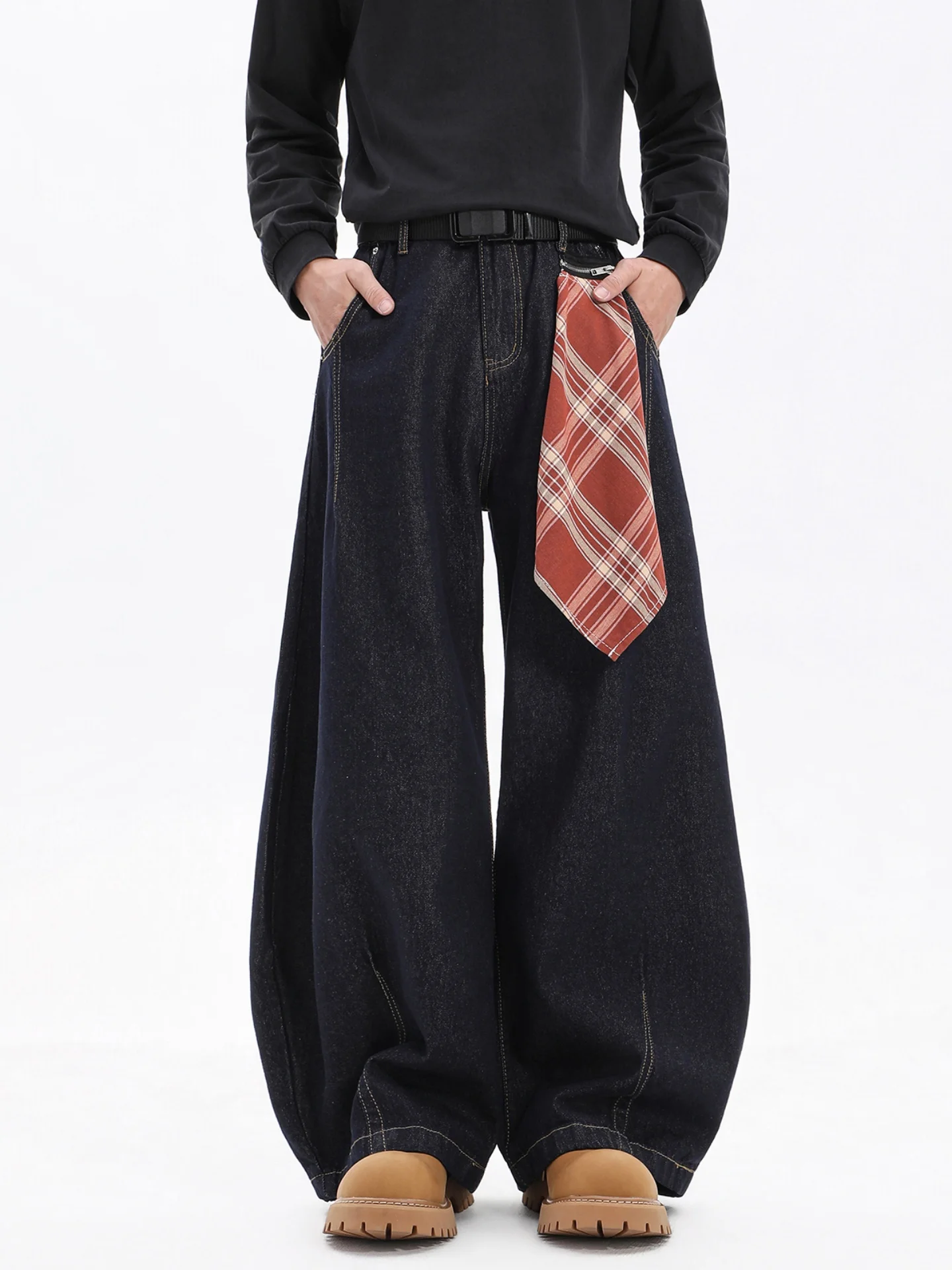 

Blue Wide Leg Men's Jeans Casual High Street Sle Trousers with Detachable Square Scarf Durable Denim Loose Fit Straight Leg