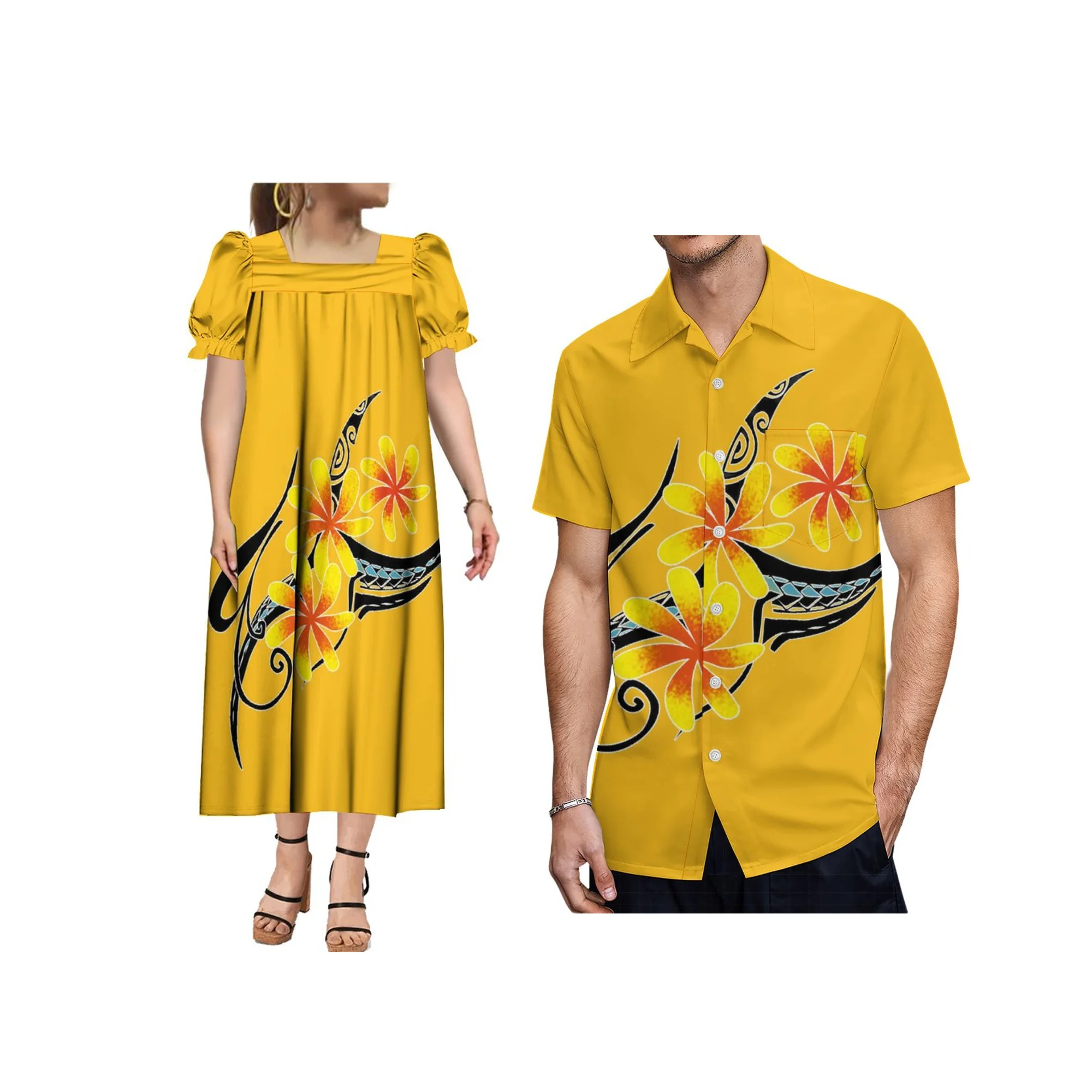 Customized Polynesian Design Micronesia Mumu And Mens Shirts  Puffy Dresses Women Couples Matching Outfits