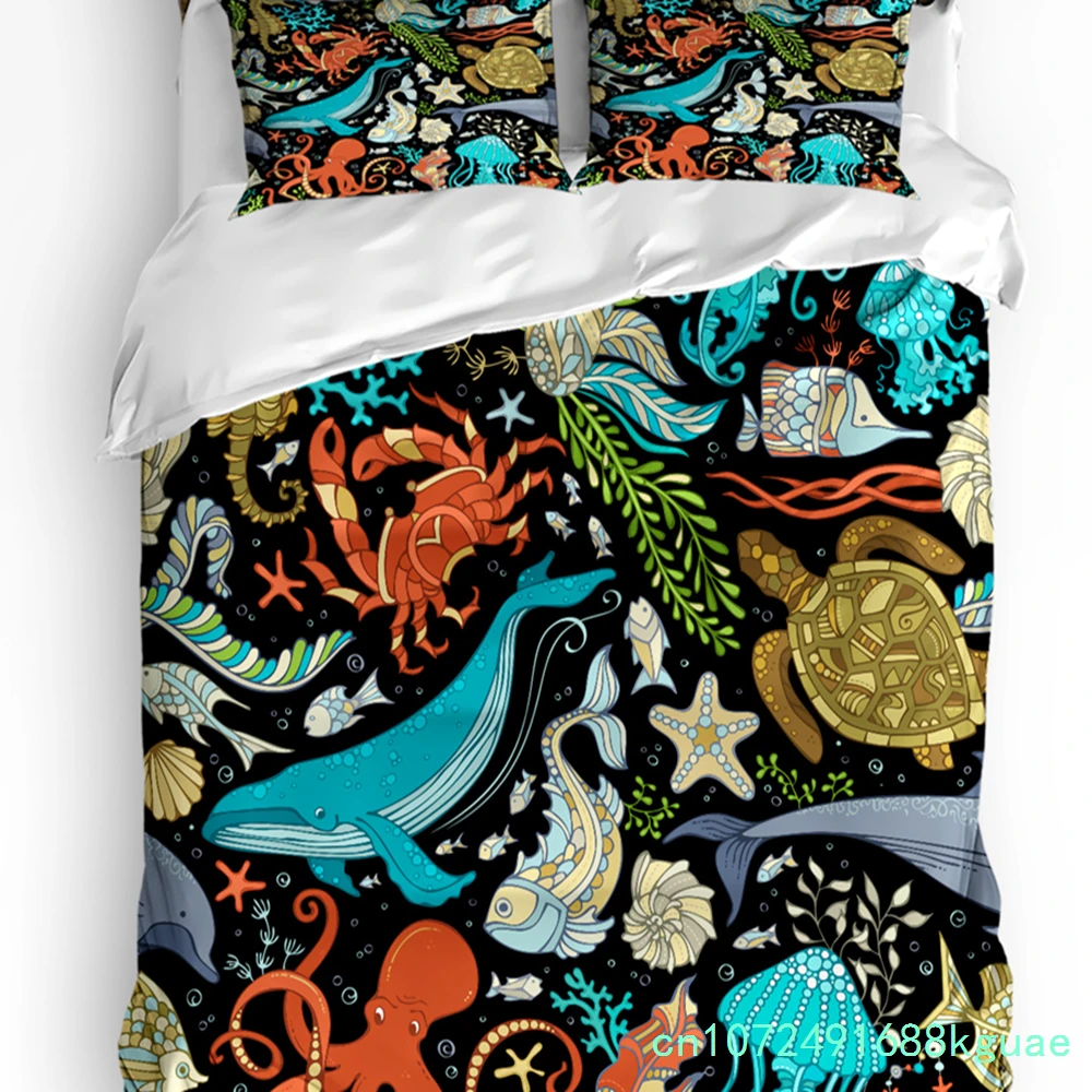 Marine Fish Whale Conch Jellyfish Starfish Animals Duvet Cover 3pcs Bedding Set Home Textile Quilt Cover Pillowcases No Sheet