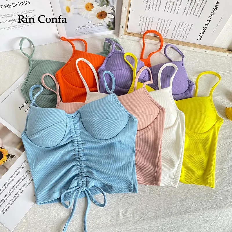 

Rin Confa Summer New Sexy Strap Tank Top Women Built In Bra Off Shoulder Solid Color Y2K Crop Tops Sleeveless Omighty Camisole