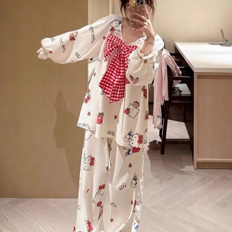 

Пижамы Sanrio, пижамы Hello Kitty, женские весенне-осенние новые брюки из ледяного шелка с длинными рукавами, студенческий комплект домашней одежды, летний комплект