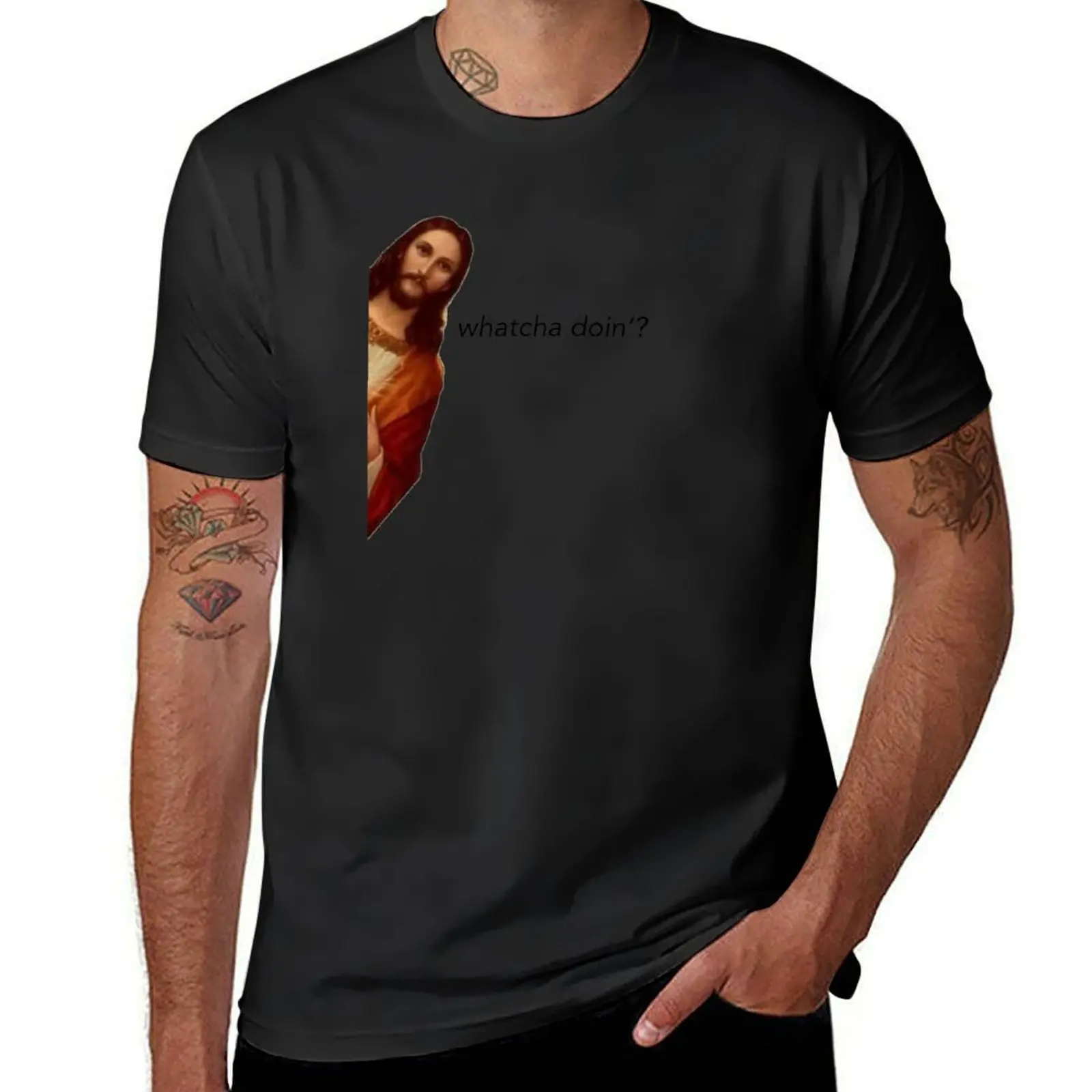 jesus whatcha doin’? T-Shirt anime boys whites men workout shirt