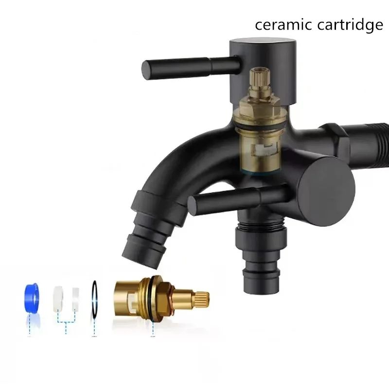 Black Bibcock Double Using Washing Machine Faucet 304 Stainless Steel Wall Bathroom Corner Garden Outdoor Tap Mop Balcony G1/2'