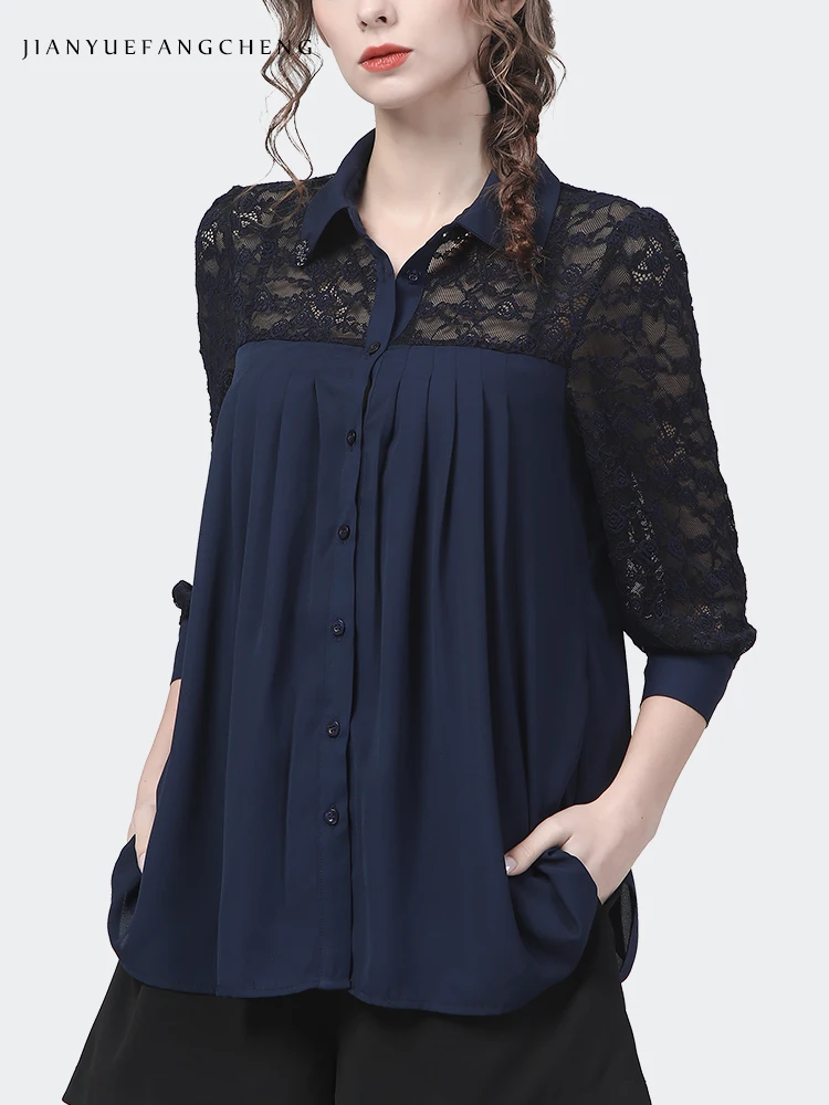 Loose Plus Size Women Hollow Out Blue Lace Blouse 2024 Spring Summer New Half Sleeve Turn-down Collar Cover Belly Tops Shirts