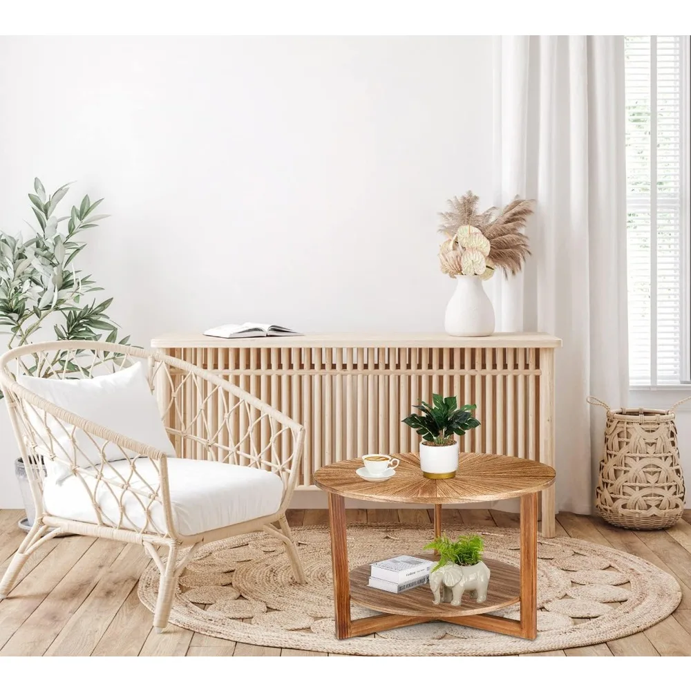 Coffee Tables for Living Room, Small Round Table with Storage, Mid Century Modern Solid Wood Table, Rustic Wooden Circle Center