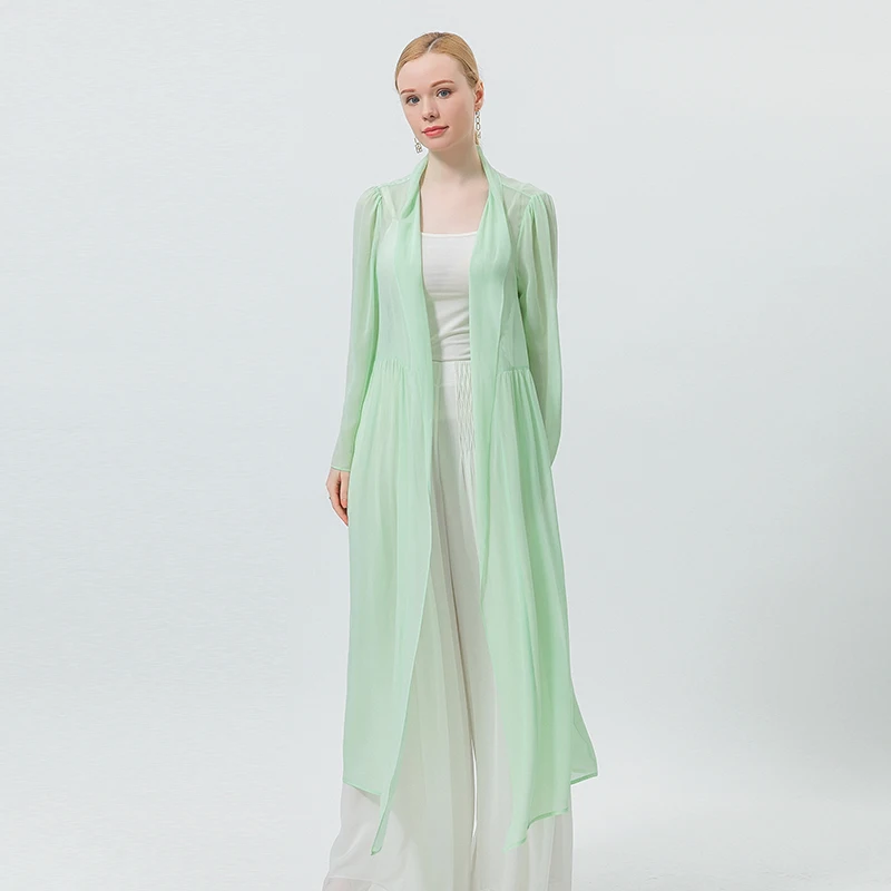 Silk Georgette Bean Green Long Sleeve Light and Micro-transparent Mid-long Cardigan Women Fashion Trench Coat FE132