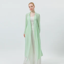 Silk Georgette Bean Green Long Sleeve Light and Micro-transparent Mid-long Cardigan Women Fashion Trench Coat FE132