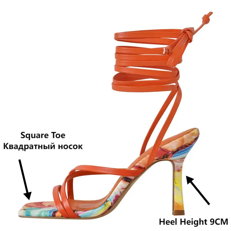 Onlymaker Women Colorful Square Toe  Strap Stiletto Fashion Big Size  9CM Thin Heel Summer Sandals