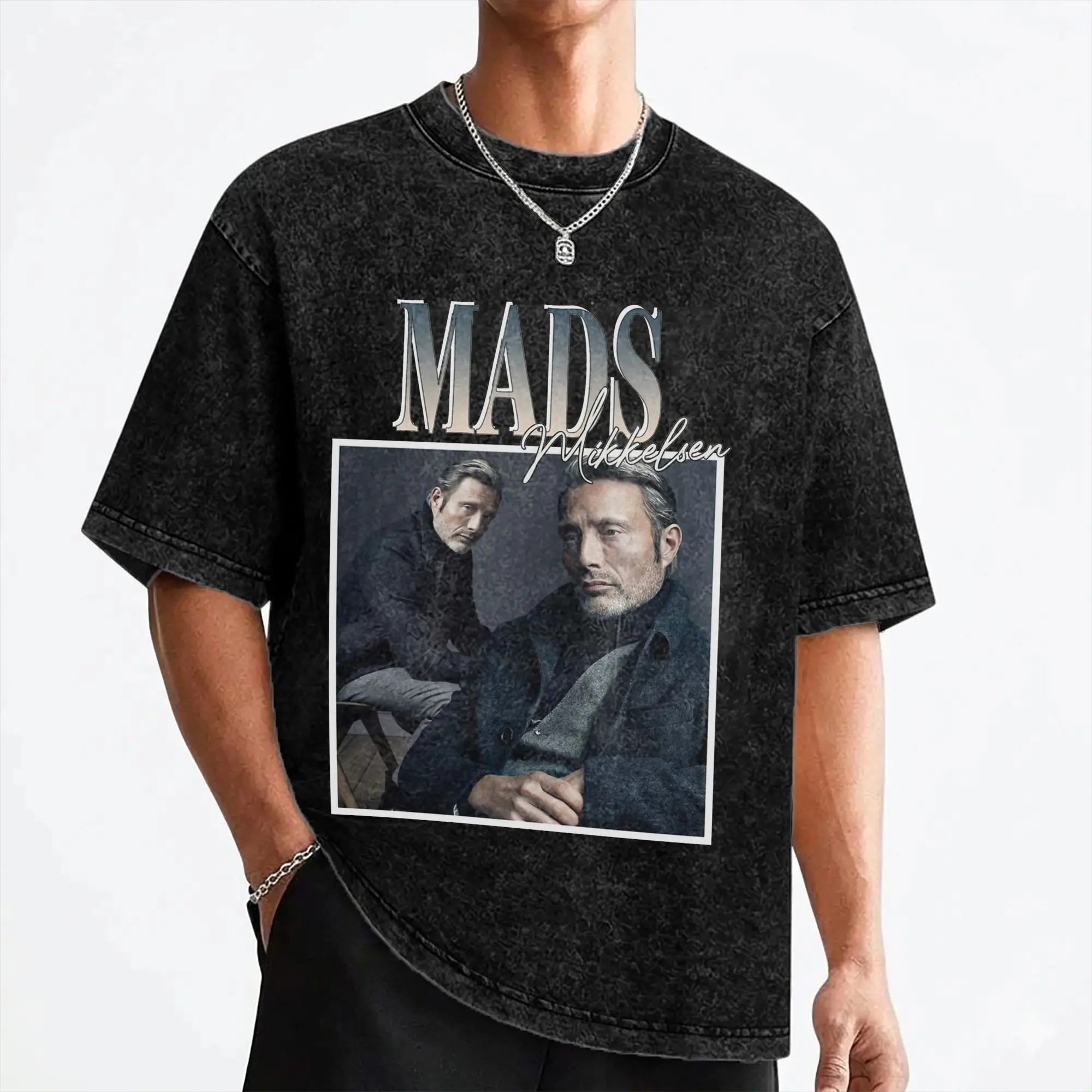 Mads Mikkelsen Actor T Shirt Washed Short Sleeve Street T-Shirt  Vintage for Men Women Streetwear Summer Tees