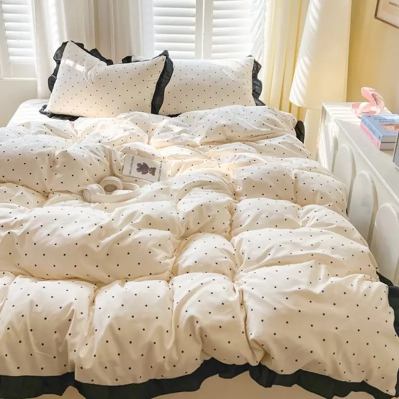 French-style Bedding Set Girl Ins Polka Dot Washed Cotton Student Dormitory Bed Sheet Duvet Quilt Cover Pillowcase Set