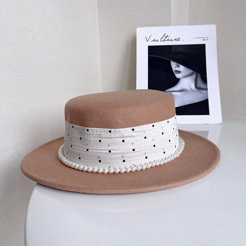 

Женская шерстяная шляпа Fedora с жемчугом и плоским верхом, шерстяная кепка унисекс, французская элегантная шляпа на молнии, джазовая кепка с широкими полями, оптовая продажа