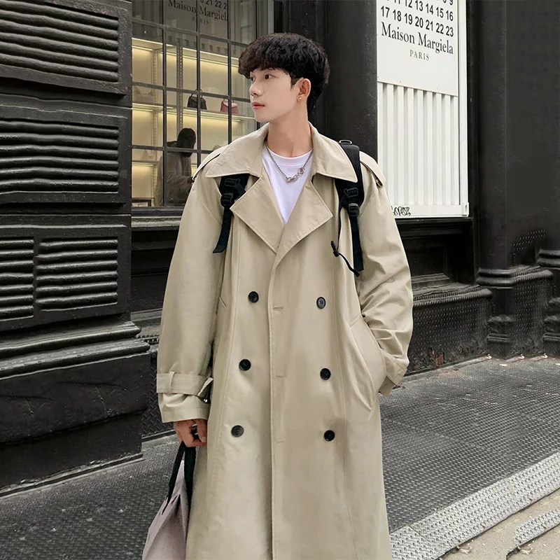 PFNW Trendy Mid Length Trench Coat Men's Korean Style Double Breasted Pockets New Clothing Solid Color Male Autumn Tops 21Z6022