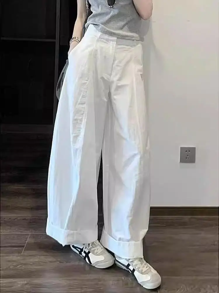 

Свободные прямые брюки, женские широкие брюки с высокой талией, удобные белые повседневные брюки свободного покроя, летняя мода