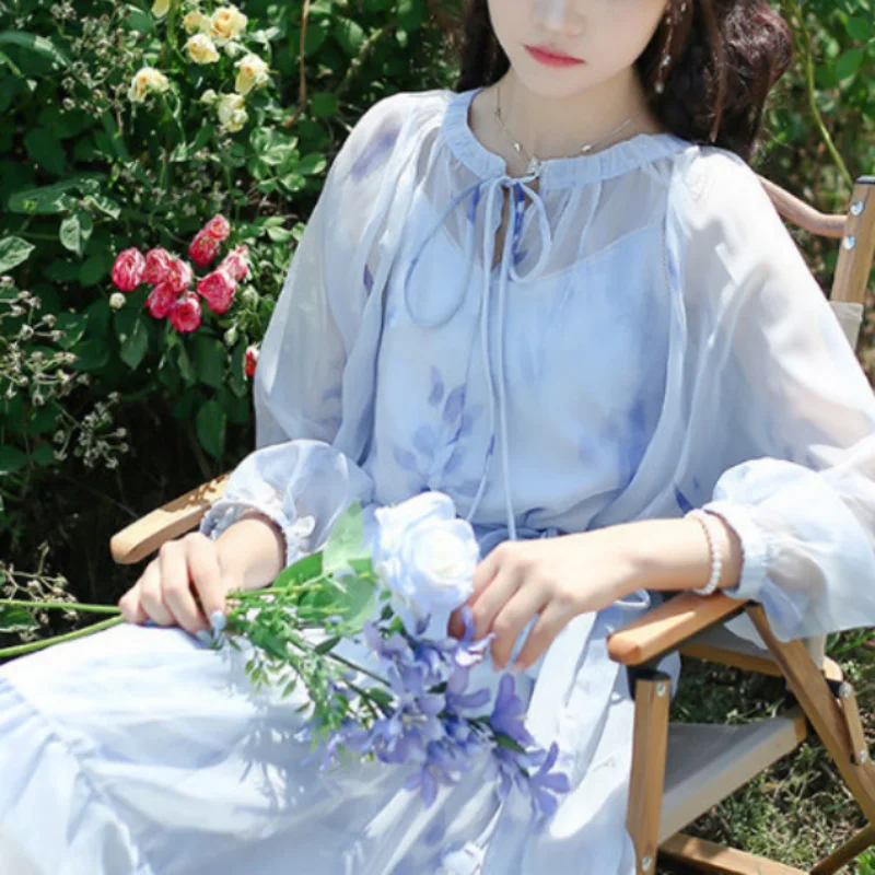 Sweet Academy Style Elegant Ink Print Waist Tie Up Two Piece Chiffon Dress Women Round Neck Lantern Sleeves A-line Long Dresses