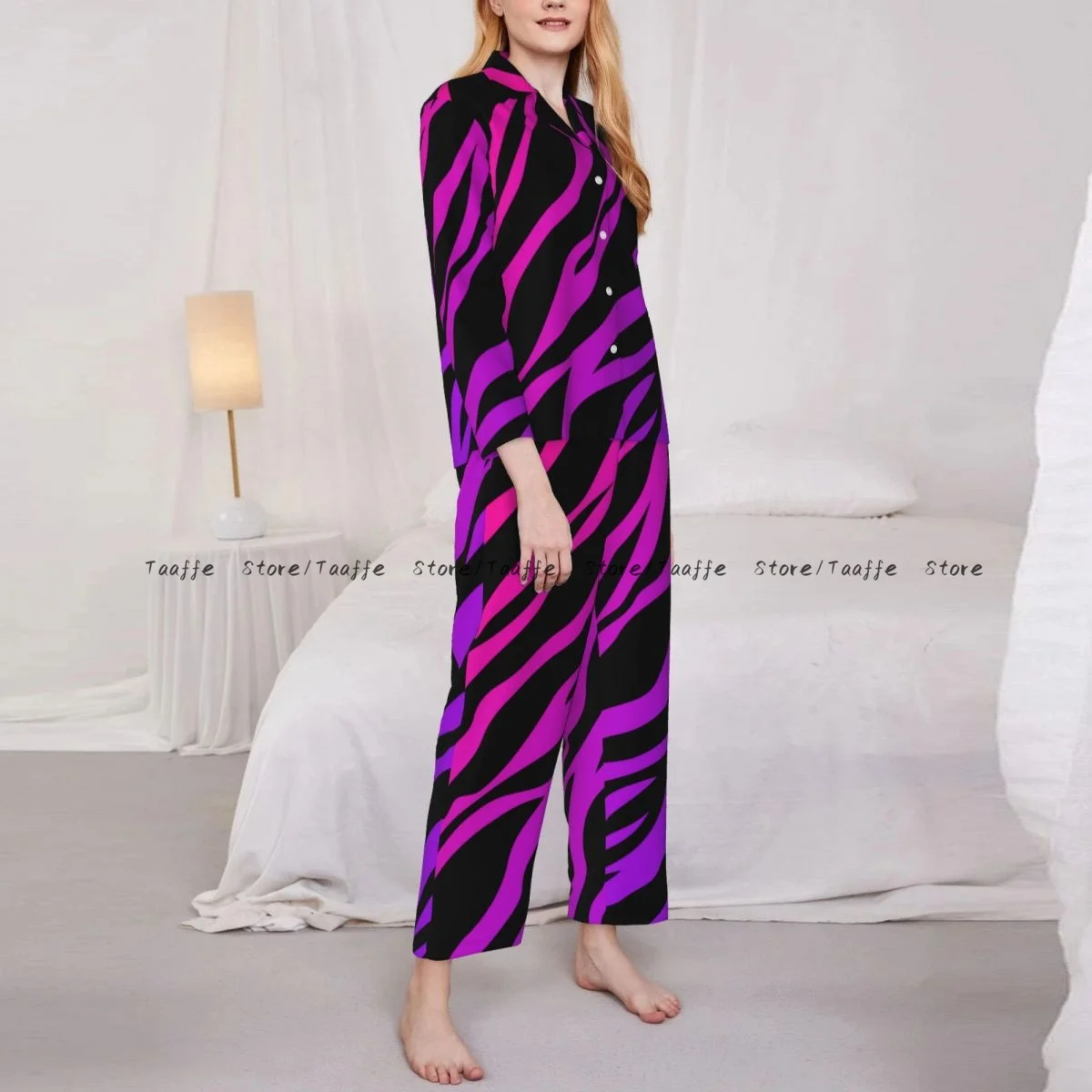 Spring and Autumn Pajama Set Women's Long Sleeve Pants Two Piece Pink Rose Zebra Home Furnishing Set