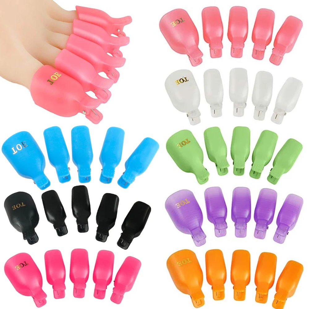 5Pcs Foot Toe Soak Off Cap Easy-Off Manicure Clip UV Gel Polish Remover Wrap Colorful Plastic Nail Clips Pedicure Nail Art Tools