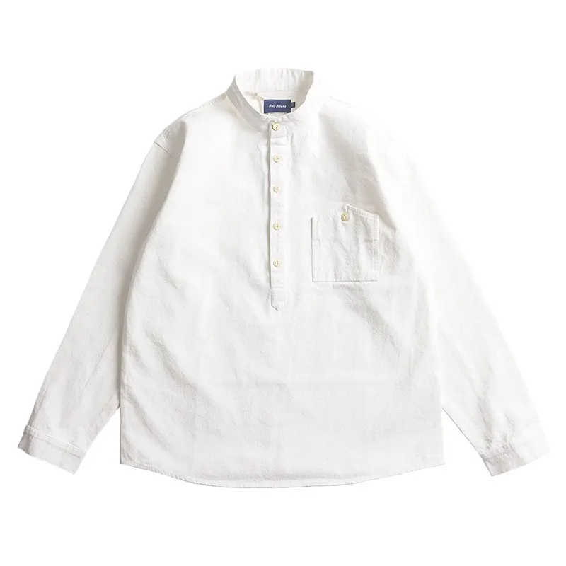 

Milk White Thick Cotton Workwear Shirt Japanese Retro Loose Stand Up Collar Men Pullover Shirt