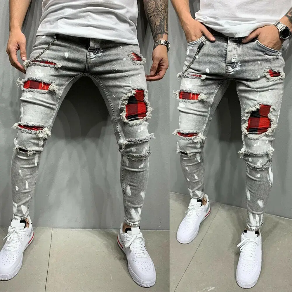 Fashion Street Style Ripped Skinny Jeans Men Vintage wash Solid Denim Trouser Mens Casual Slim fit pencil denim Pants hot sale