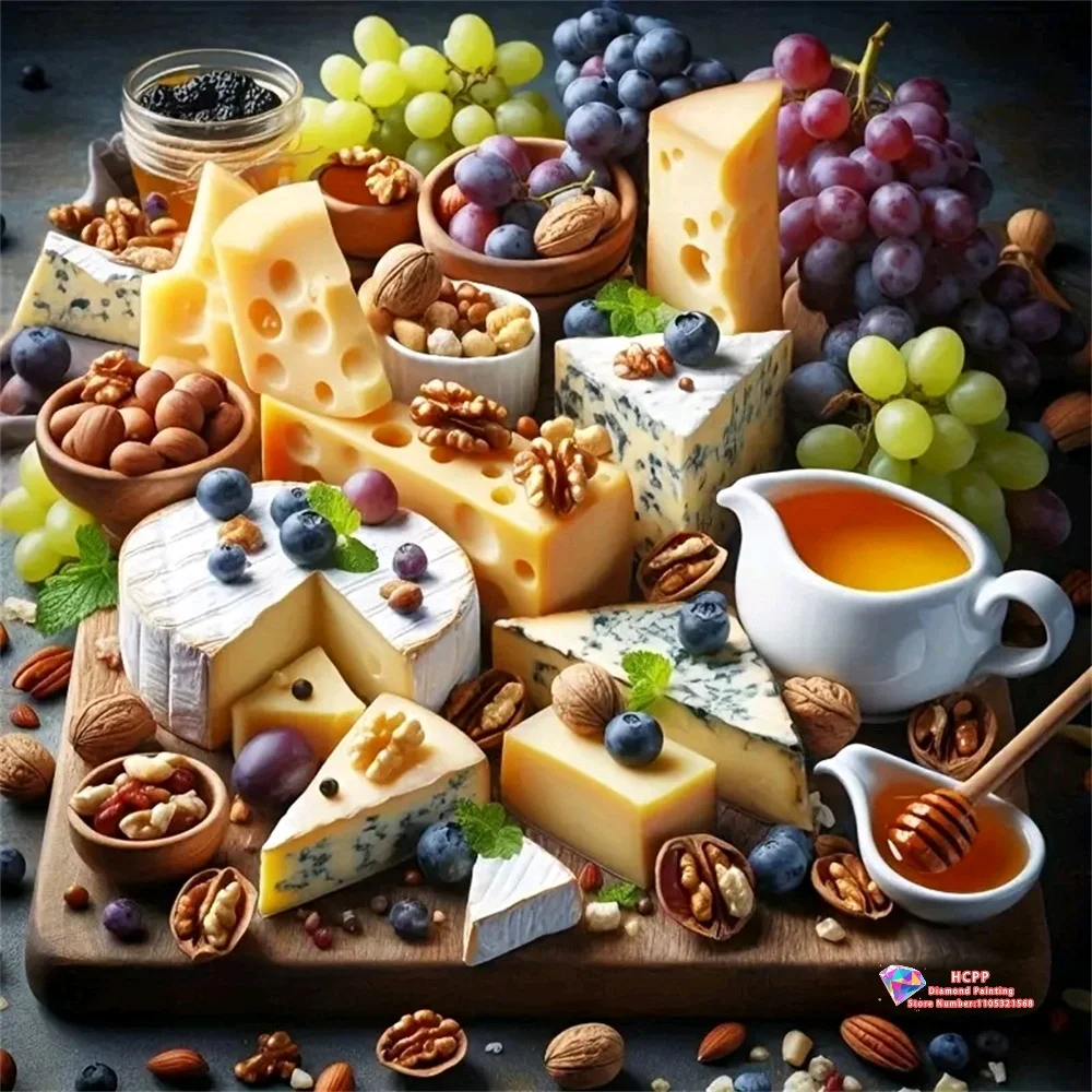 Gourmet Cheese Platter with Grapes Nuts and Honey 5D DIY Diamond Painting Set Handmade Crafts Gifts