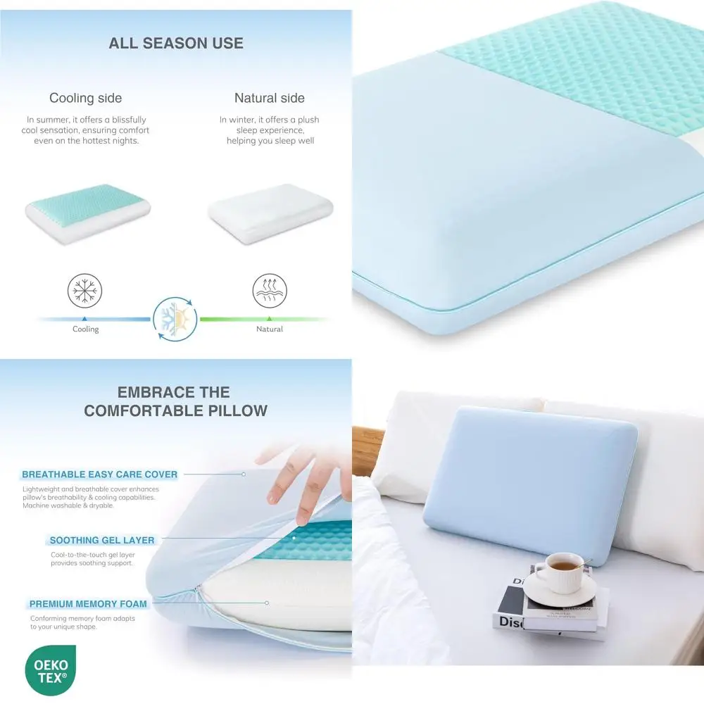 

Reversible Memory Foam Pillow with Cooling Gel, Neck Support for Various Sleep Positions, Washable, All-Season Comfort, Standard