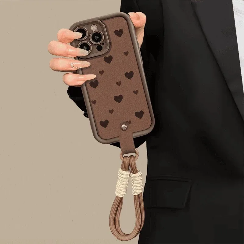 

Brown Heart Contrast Lanyard Case for iPhone 16 15 14 Pro Max XS X XR 7 8 Plus 16e 11 12 13 16 Hand Wrist Strap Matte Soft Cover