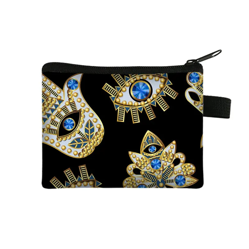 Hand of Fatima Coin Purse Turkish Blue Evil Eye Coin Bags Mandala Flower Money Bag Earphone ID Credit Card Key Small Wallet Gift