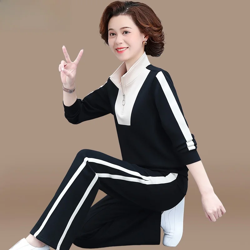

Casual Sportswear Set Women's Spring Autumn Two-Piece Suit Mom's Outerwear New Sle Polyester Fiber Long Pants Zipper Closure