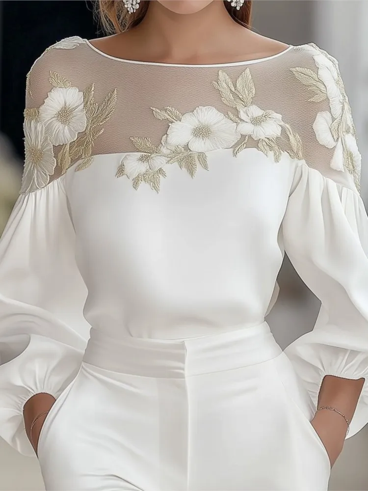 

Fashion Chic White Shirt For Women Sexy Sheer Patchwork Print Long Seeve O Neck Shirts Tops Lady Holiday Streetwear Clothes New