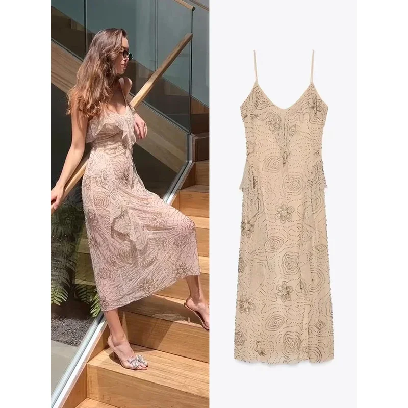 Bonny Chic 꽃 스팽글 비드 자수 프릴 드레스 여성용 민소매 백리스 이브닝 드레스 휴가 비치 파티 가운