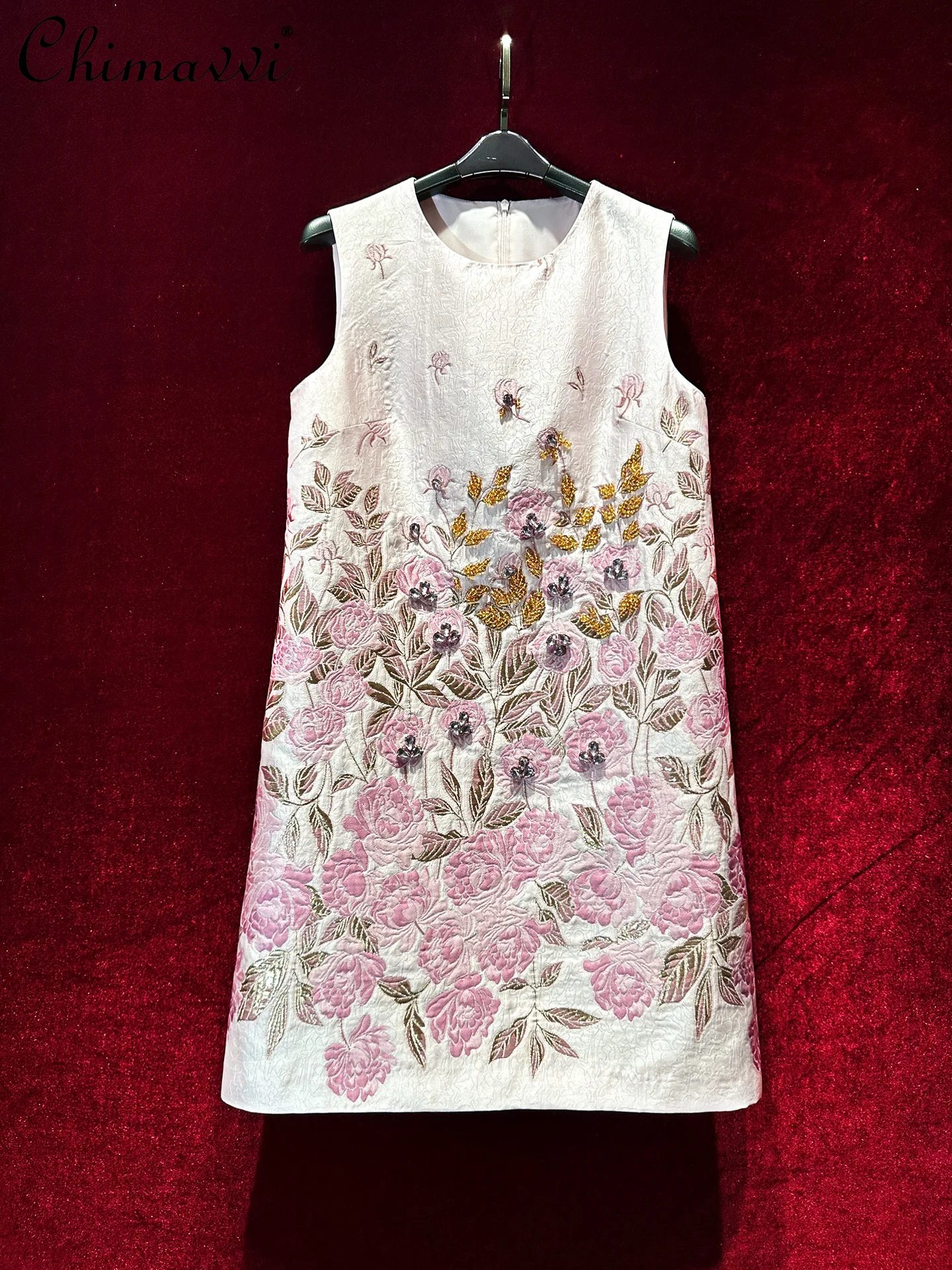 

High-end Jacquard Heavy Beads Luxury High-end A-line Sleeveless Dress Summer New Fashion Round Neck Loose Elegant Women's Dress