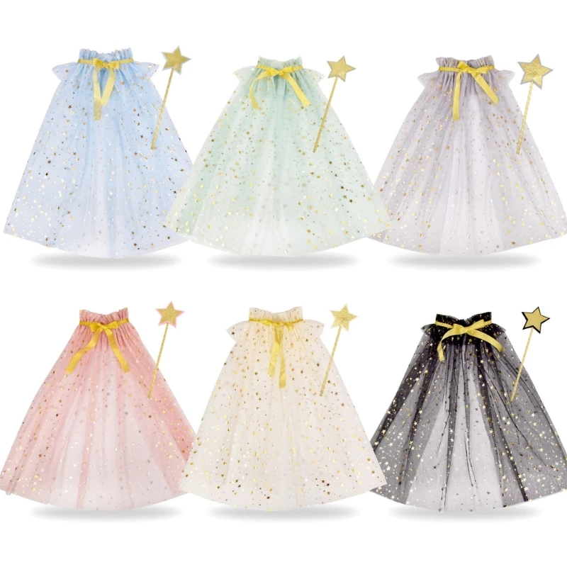 

New 2Pcs Star Decorated Wand and Mesh Cloak Set Photoshoots Props for Children's Dress Party and Performances