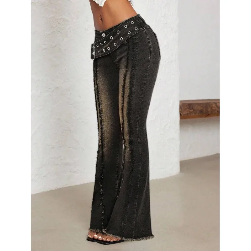 Low Waisted Flared Pants for Women Sun Button Detail Fringed Hems New Women's Jeans Fashionable Casual Trousers